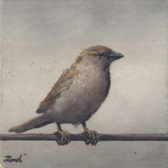 Marc van der Zwet, Vrouwmus op draad op vierkant blokje, 140 euro, Olieverf op eiken paneel zonder lijst, 6x6 cm