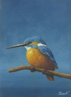 Marc van der Zwet, Verlegen ijsvogel op tak, 190 euro, Olieverf op eiken paneel zonder lijst, 7,2x9,8 cm