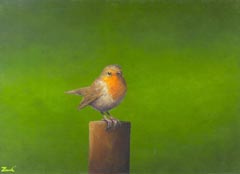 Marc van der Zwet, Attente Roodborst, 420 euro, Olieverf op eiken paneel zonder lijst, 20,7x14,9 cm