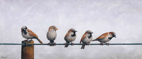 Marc van der Zwet, 5 mussen op draad met paal, 620 euro, Olieverf op paneel in witte baklijst, 32,3x16,2 cm