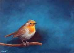 Marc van der Zwet, Roodborst op tak op blauw, 300 euro, Olieverf op eik zonder lijstje, 14x10 cm