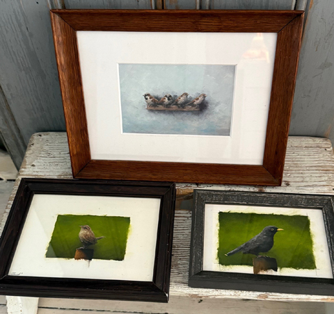 Marc van der Zwet, Winterkoning 150 euro, Merel 150 euro en 4 mussen 195 euro, Olieverf op papier in vintage lijstje, 15x20, 12x17 en 22x28 cm incl lijst