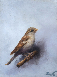 Marc van der Zwet, Attente vrouwmus op grijs, 190 euro, Olieverf op eik zonder lijst, 7x9,3 cm