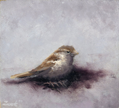 Marc van der Zwet, Vrouwmus kijkt vooruit, 150 euro, Olieverf op eiken zonder lijst, 8x7,4x4 cm
