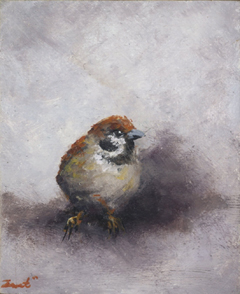 Marc van der Zwet, Ringmus grijs, 150 euro, Olieverf op eiken zonder lijst, 6,7x8,1x4 cm