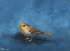 Marc van der Zwet, Roodborst wacht op blauw, 200 euro, Olieverf op eiken zonder lijst,10x7,4x2,5 cm