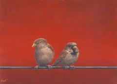Marc van der Zwet, Twee mussen op draad rood, 350 euro, Olieverf op eik zonder lijst, 18,5x13x3 cm