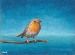 Marc van der Zwet, Roodborst met blauwe horizon, 200 euro, Olieverf op eik zonder lijst, 9,5x7 cm