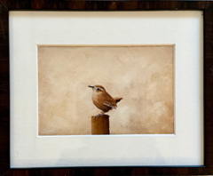 Marc van der Zwet, Winterkoning op paaltje, 180 euro, Olieverf op papier in vintage lijst, 19x23 cm 15x10 zonder lijst