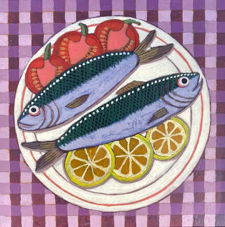 Aline Janssma, 2 sardines, 300 euro, Oil on panel in black wooden frame, 16,7x16,7 cm