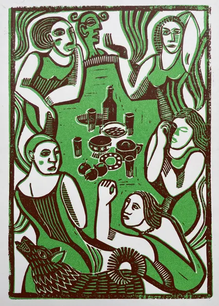 Aline Jansma, Chaos en rumoer, 150 euro, Linocut in black frame, 25x31 cm