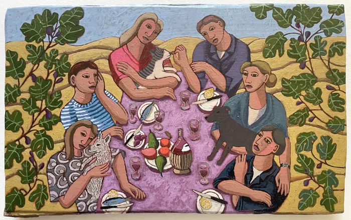 Aline Jansma, De Italiaanse Maaltijd, 450 euro, Oil on panel in white wooden frame, 21x24,5 cm
