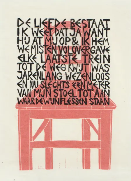 Aline Jansma, De liefde bestaat 9/25, 150 euro, Linocut in photo frame, 24x18 cm