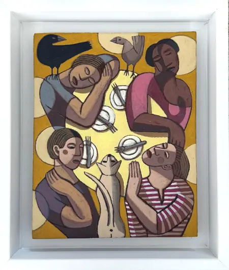Aline Jansma, De zon-het terras-het gesprek, 250 euro, Oil on panel in white wooden frame, 20x16 cm excl. frame