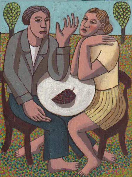 Aline Jansma, Eten we druiven of drinken we wijn, Oil on panel, 17,5x24 cm, €.275,-