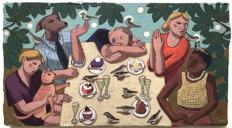 Aline Jansma, Het Feestelijke Gebak, 450 Euro, Oil on panel in black wooden frame, 22x39 cm