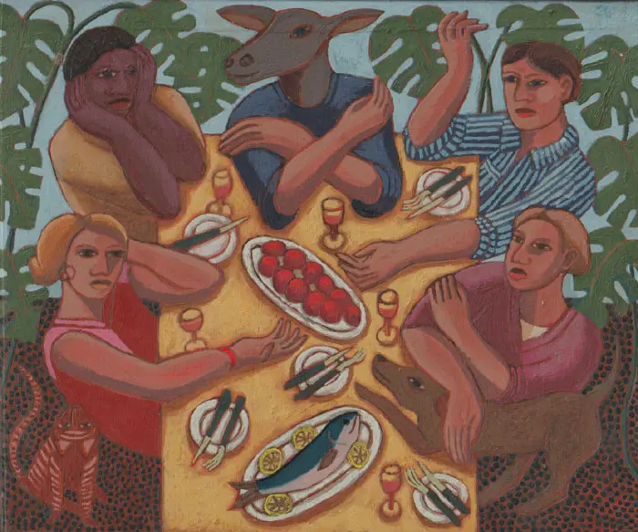 Aline Jansma, Maaltijd met vrienden, 450 euro, Oil on panel, unframed, 21,5x26 cm
