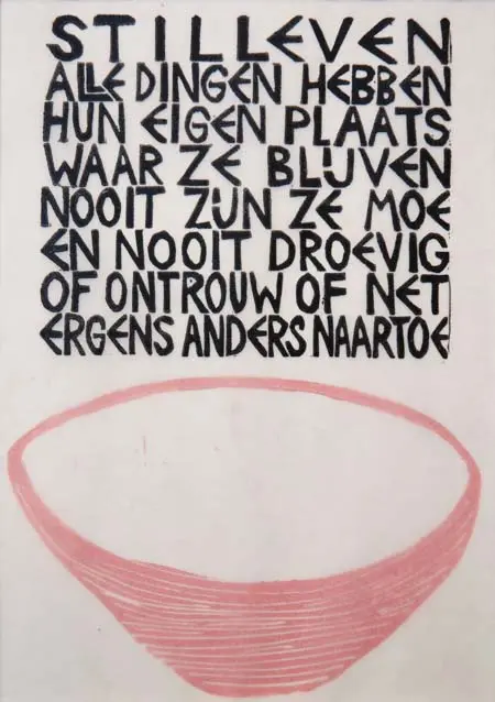 Aline Jansma, Stilleven 127 15/25, 150 euro, Linocut in photo frame, 24x18 cm (iets minder rozig)