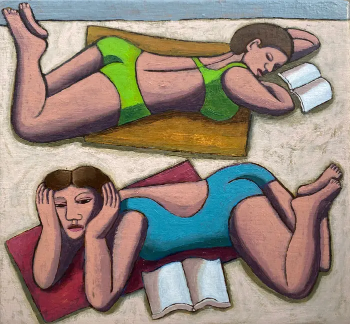 Aline Jansma, Strandlezen, 325 euro, Oil on panel, unframed, 20x21,4 cm