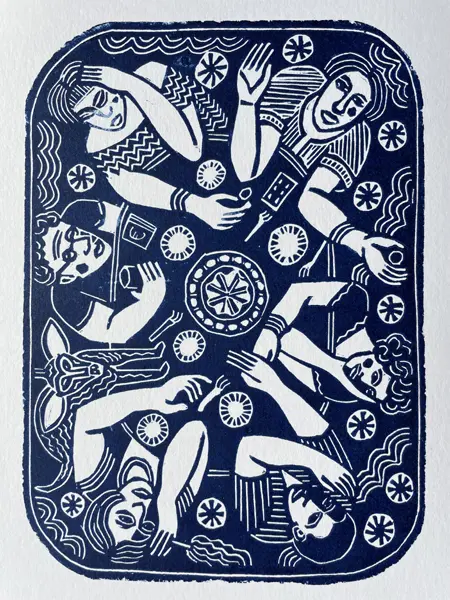 Aline Jansma, Taart en Chinese thee, 150 euro, Linocut in white frame, 23x28 cm