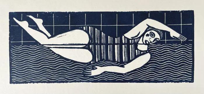 Aline Jansma, Zwemster 1 , 150 euro, Linocut in natural wooden frame, 20x33 cm