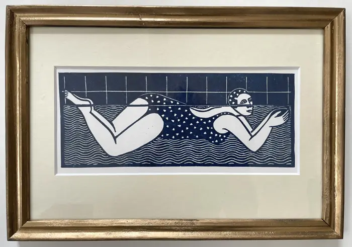 Aline Jansma, Zwemster III , 150 euro, Linocut in gold frame, 22x33 cm