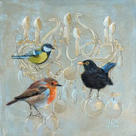 Aline Sprokkereef, 3 lichtpuntjes, Acrylic and gold leaf on panel, 20x20x5 cm, €.225,-