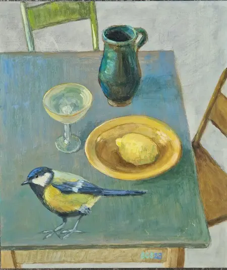 Aline Sprokkereef, Aan tafel met koolmeesje, 420 euro, Acrylic on wood, 24x28x2 cm