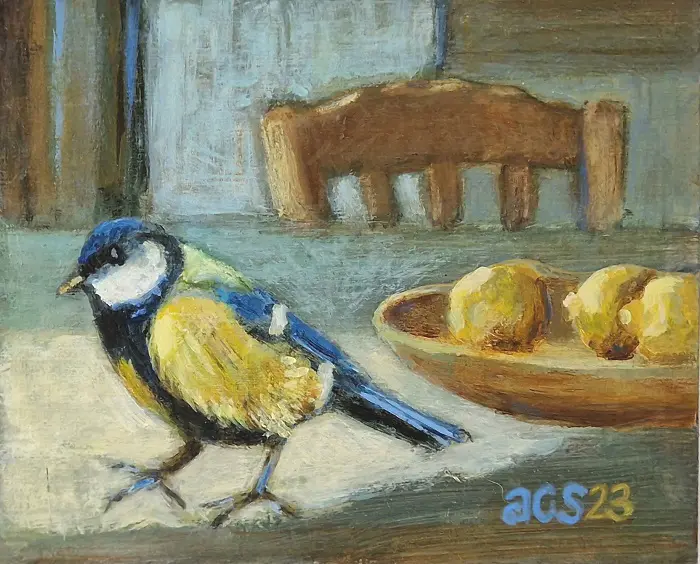 Aline Sprokkereef, Citroen met koolmeesje, 195 euro, Acrylic on wood, 11x9x2