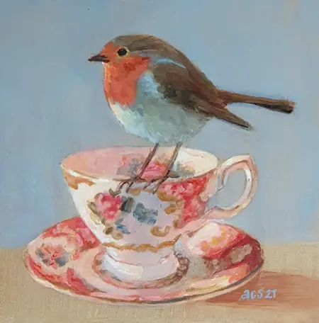 Aline Sprokkereef, Engels kopje met roodborstje, Acrylic on panel, 18x18x3 cm, €.250,-