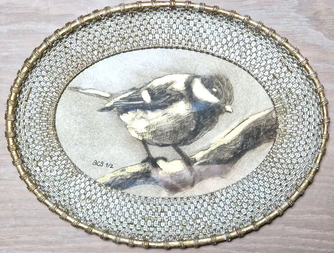 Aline Sprokkereef, Koolmeesje, 75 euro, Etching coloured with gold in frame, 13,5x9