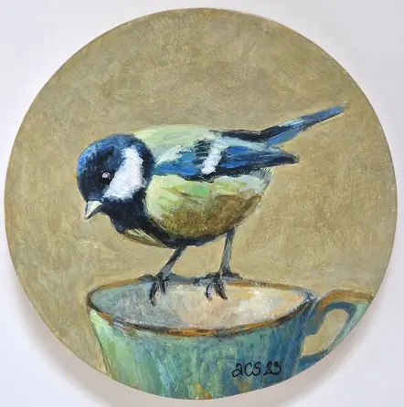 Aline Sprokkereef, Koolmeesje op kopje, 195 euro, Acrylic on wood, 13 cm