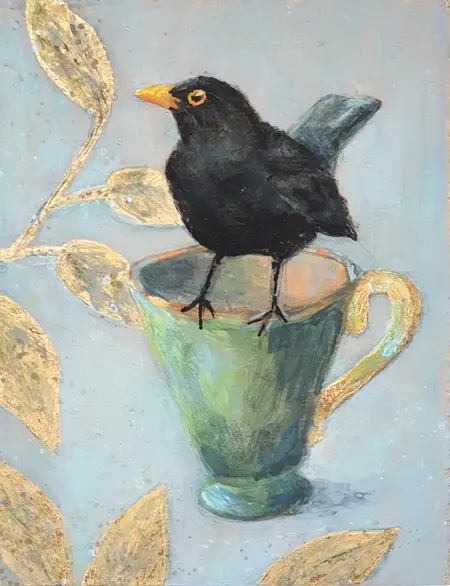 Aline Sprokkereef, Merel in het groen, Acrylic with gold leaf on block panel, 14x11x4 cm, €.150,-