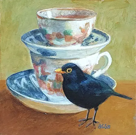 Aline Sprokkereef, Merel met 2 kopjes, Acrylic on panel, 18x18x3 cm, €.250,-