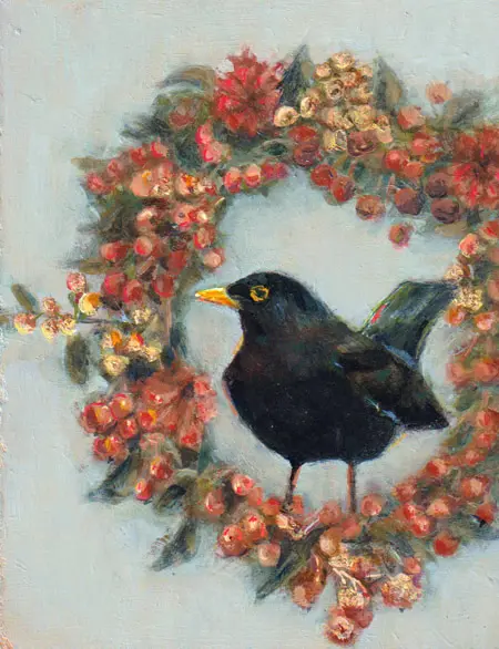 Aline Sprokkereef, Merel met krans, Acrylic with gold leaf on panel, 20x10x4 cm, €.175,-