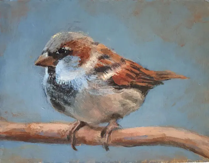 Aline Sprokkereef, Mus op tak, Mixed media with acrylic on panel, 14x11x4 cm, €.150,-