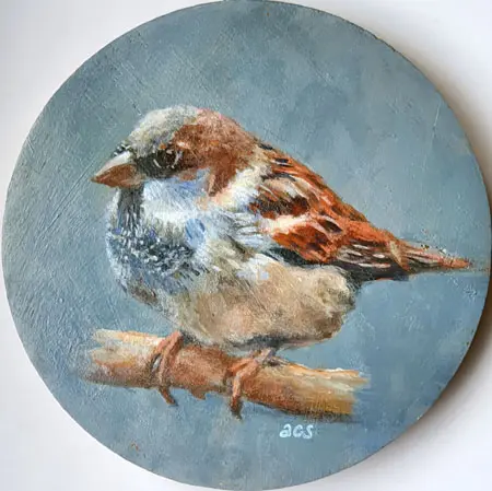 Aline Sprokkereef, Mus op takje, Mixed media with acrylic on panel, 13 cm, €.130,-