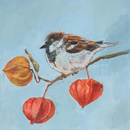 Aline Sprokkereef, Musje met lampionnetjes, 275 euro, Acrylic on wood, 18x18x3 cm