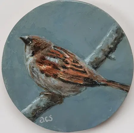 Aline Sprokkereef, Musje op tak in blue 1, Acrylic on wood, 9 cm, €.95,-