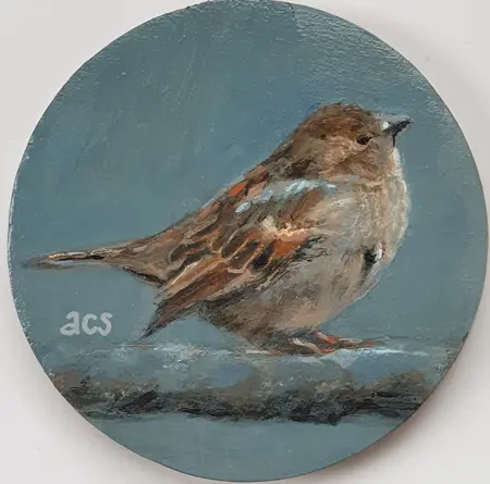 Aline Sprokkereef, Musje op tak in blue 2, Acrylic on wood, 9 cm, €.95,-