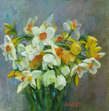 Aline Sprokkereef, Narcissen, Acrylic on panel, 18x18x3 cm, €.275,-