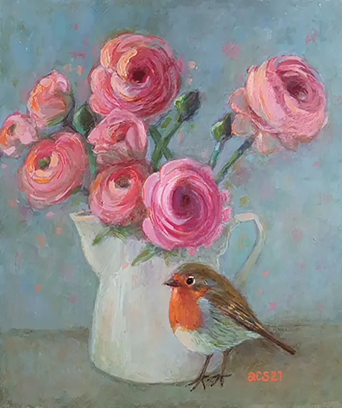 Aline Sprokkereef, Ranonkels, Acrylic on panel, 28x24x2,2 cm, €.350,-