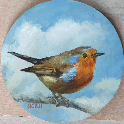 Aline Sprokkereef, Roodborst in de wolken, 145 euro, 13 cm, Acrylic on wood.