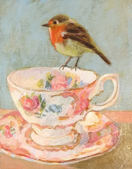 Aline Sprokkereef, Roodborst op kopje, 195 euro, Acrylic on panel, 14x11 cm