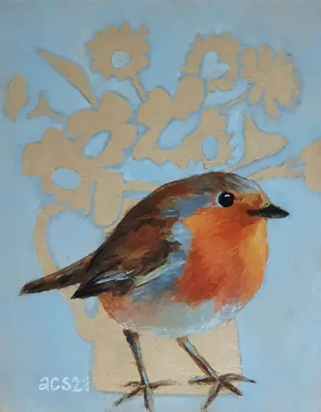 Aline Sprokkereef, Roodborstje, Acrylic on panel, 14x11x4 cm, €.175,-