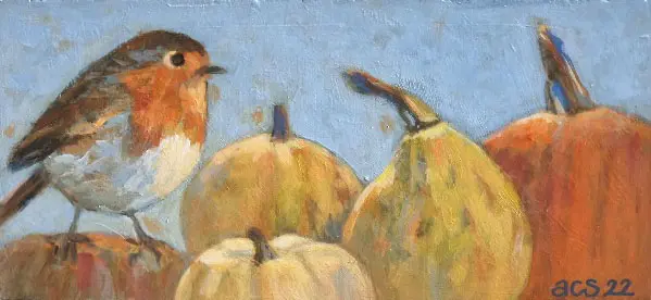 Aline Sprokkereef, Roodborstje en pompoenen, 210 euro, Acrylic on block panel, unframed, 8x17x2 cm