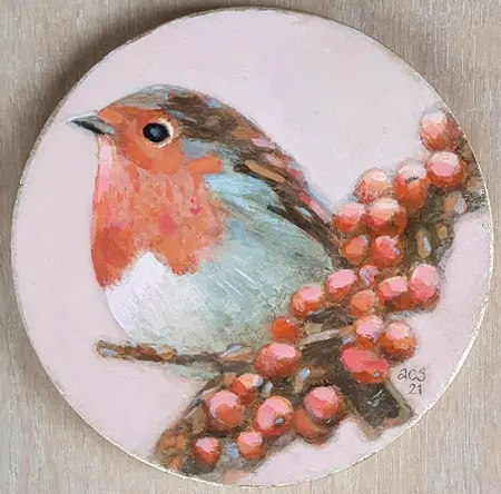 Aline Sprokkereef, Roodborstje met bessen, 195 euro, Acrylic on wood, 13 cm
