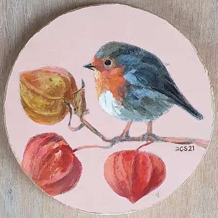 Aline Sprokkereef, Roodborstje met lampionnetjes, 195 euro, Acrylic on wood, 13 cm