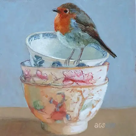 Aline Sprokkereef, Roodborstje met oude kopjes, Acrylic on panel, 18x18x3,5 cm, €.225,-