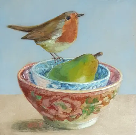 Aline Sprokkereef, Roodborstje met peer, Acrylic on panel, 18x18x3 cm, €.250,-